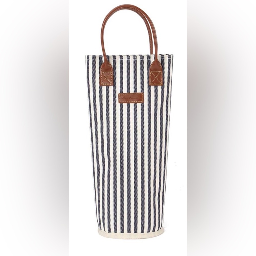 Navy Striped Wine Tote with Leather Handles